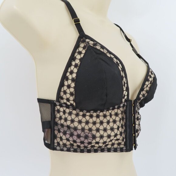 Victorias Secret Small Bralette Black Embroidered Mesh Boning Front Close NEW - Picture 2 of 15